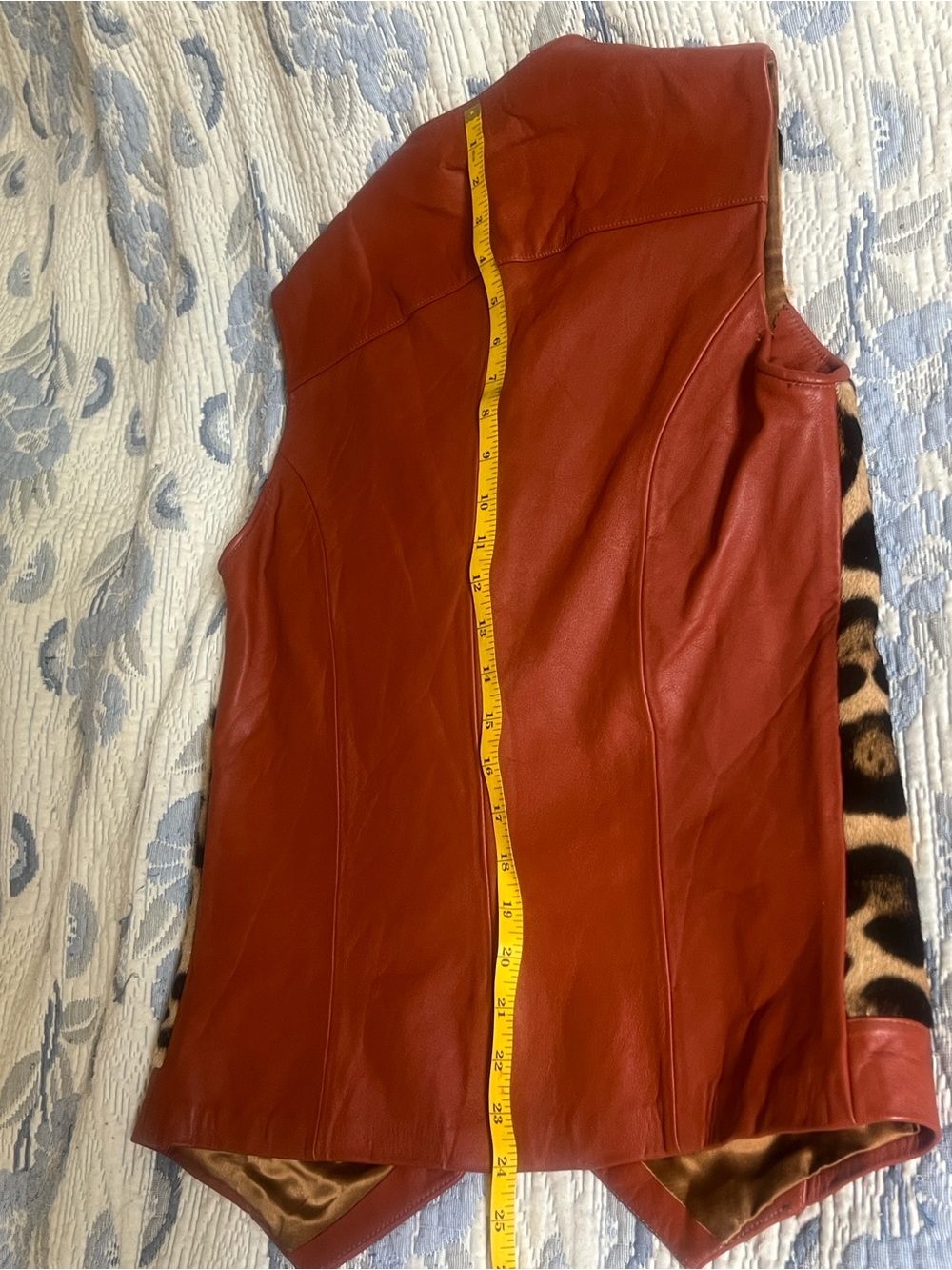 Leather-Trim Leopard Print Fur Vest - Brown/Black/Burnt Orange - Picture 8 of 9